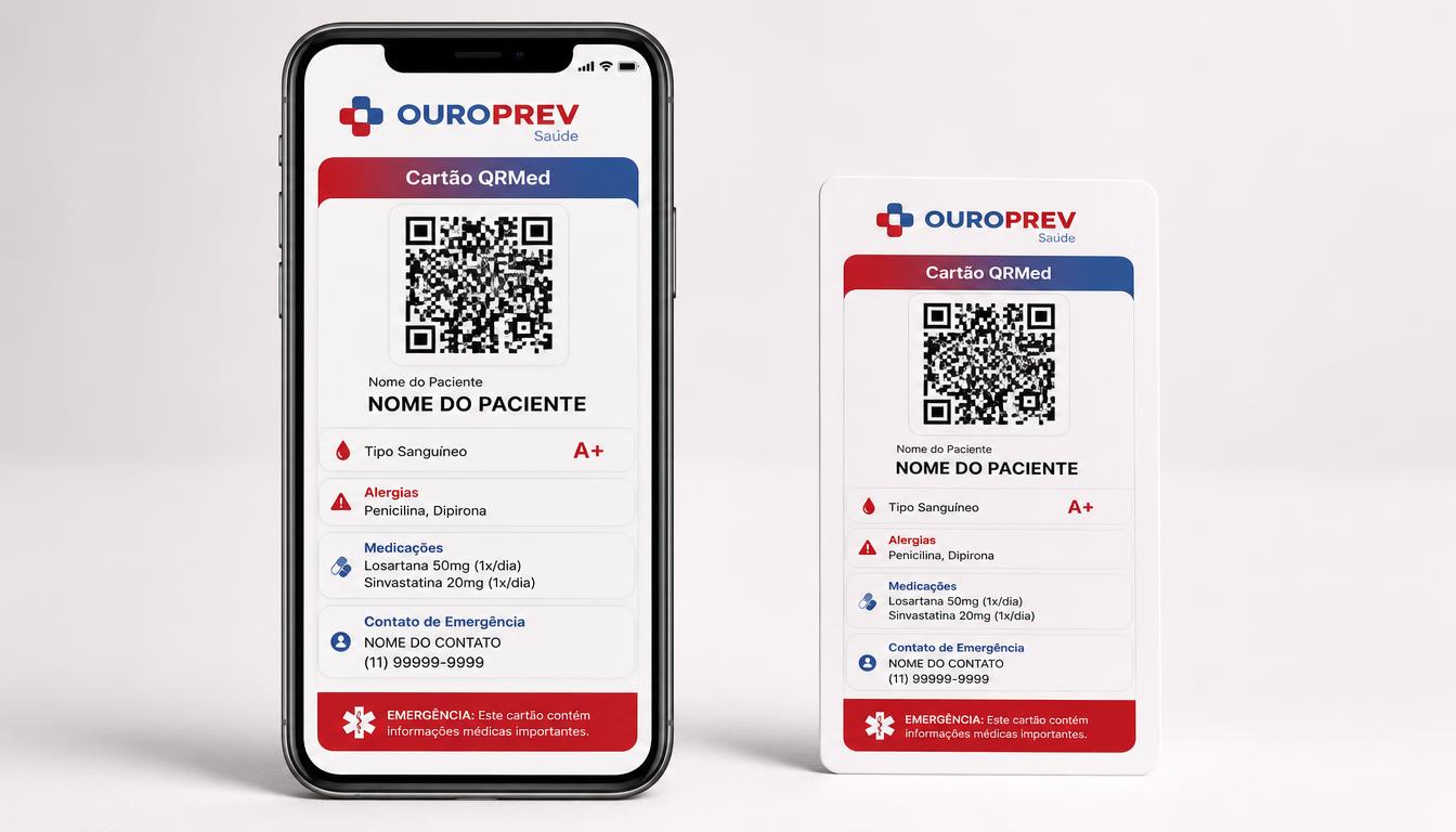 Modelo do Cartão QRPrev OUROPREV com QR Code, tipo sanguíneo, alergias e contato de emergência