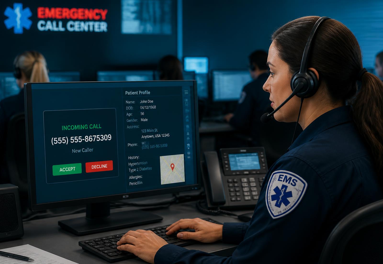 Central de atendimento médico com pop-up de identificação de chamada no computador