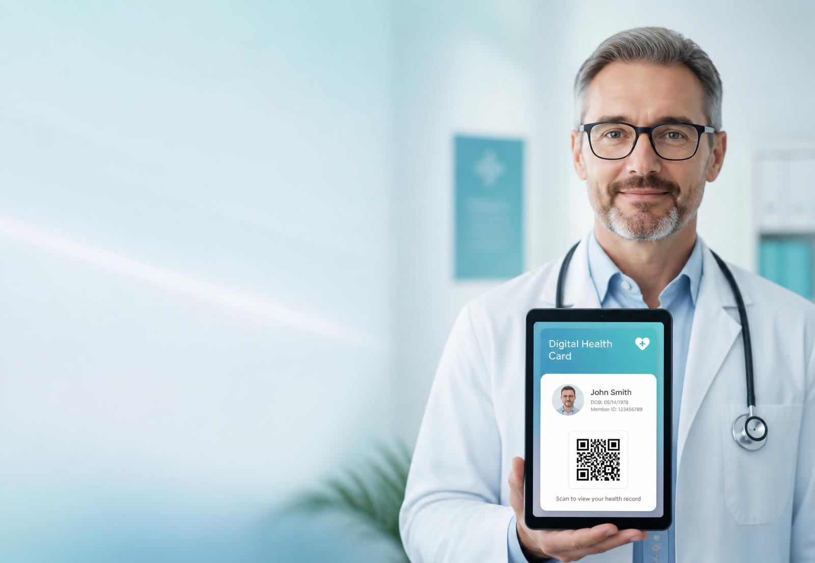 Profissional de saúde exibindo o cartão digital OUROPREV® com QR Code