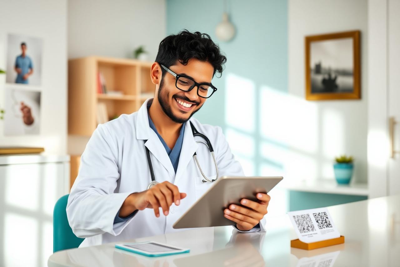 Médico parceiro OUROPREV® consultando o prontuário digital com o cartão QRPrev do paciente sobre a mesa